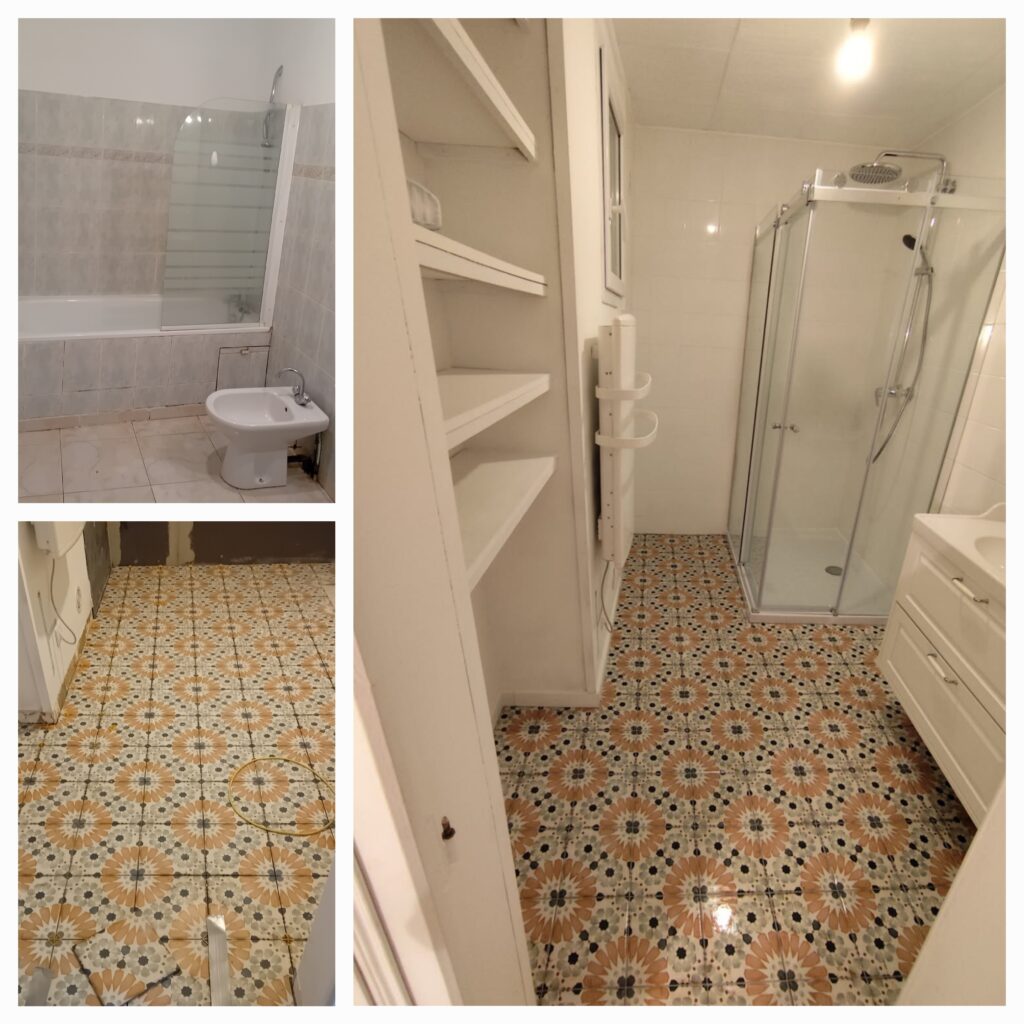 Rénovation salle de bain à Sauvian avant après, pose de carrelage, douche italienne